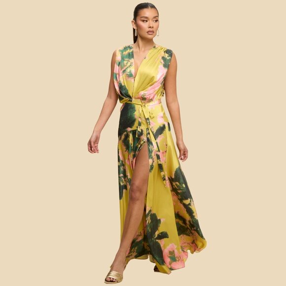 Lime Green Floral Satin Maxi Dress High Slit Wedding Guest (Medium) - Picture 3 of 7